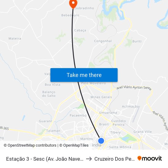 Estação 3 - Sesc (Av. João Naves De Ávila) to Cruzeiro Dos Peixotos map