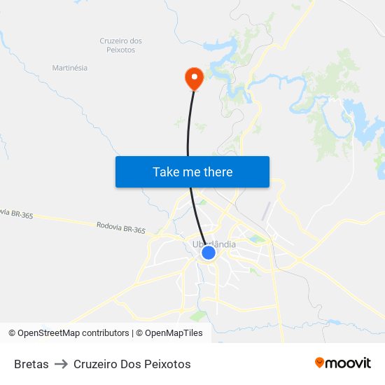 Bretas to Cruzeiro Dos Peixotos map