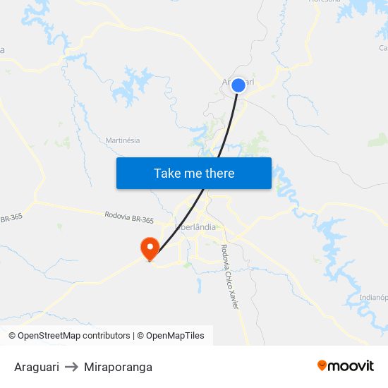 Araguari to Miraporanga map