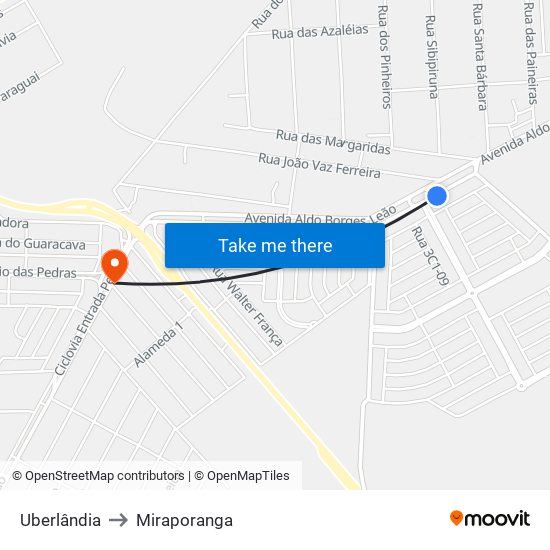 Uberlândia to Miraporanga map