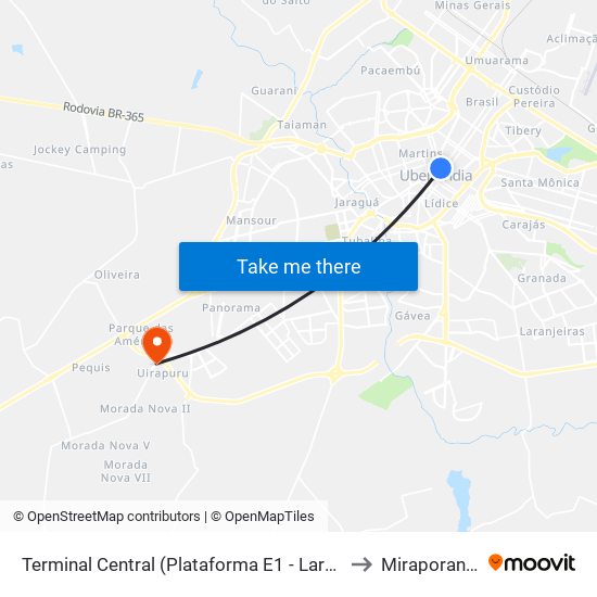 Terminal Central (Plataforma E1 - Laranja) to Miraporanga map