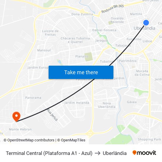 Terminal Central (Plataforma A1 - Azul) to Uberlândia map