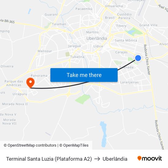 Terminal Santa Luzia (Plataforma A2) to Uberlândia map