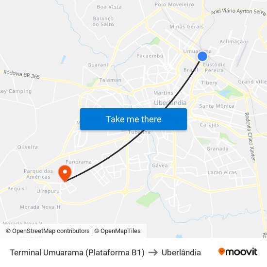 Terminal Umuarama (Plataforma B1) to Uberlândia map