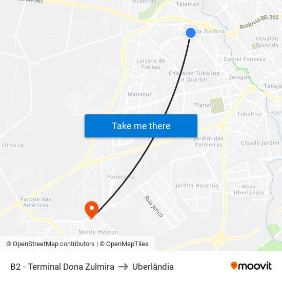 B2 - Terminal Dona Zulmira to Uberlândia map