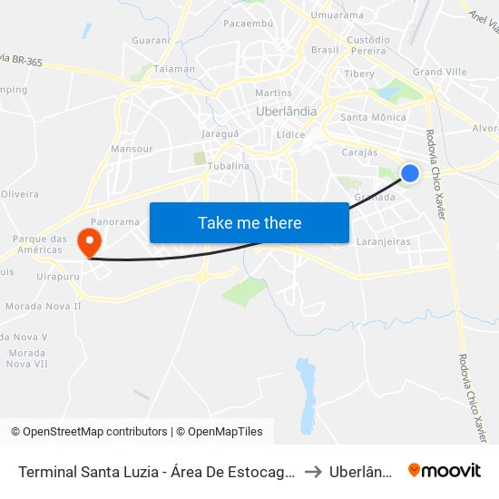 Terminal Santa Luzia - Área De Estocagem to Uberlândia map