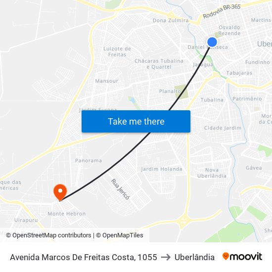 Avenida Marcos De Freitas Costa, 1055 to Uberlândia map