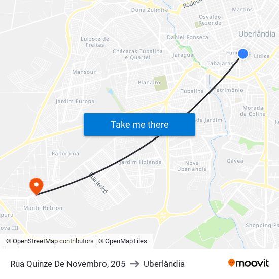 Rua Quinze De Novembro, 205 to Uberlândia map