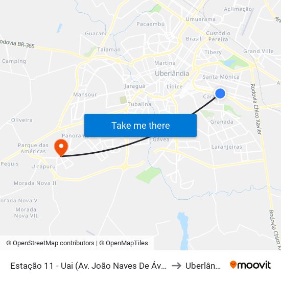 Estação 11 - Uai (Av. João Naves De Ávila) to Uberlândia map