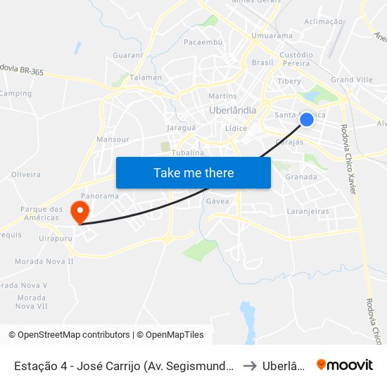 Estação 4 - José Carrijo (Av. Segismundo Pereira) to Uberlândia map