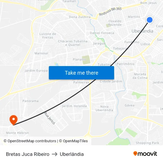 Bretas Juca Ribeiro to Uberlândia map