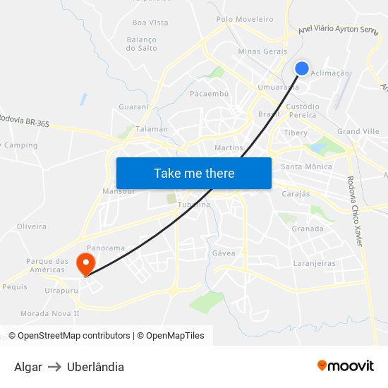 Algar to Uberlândia map