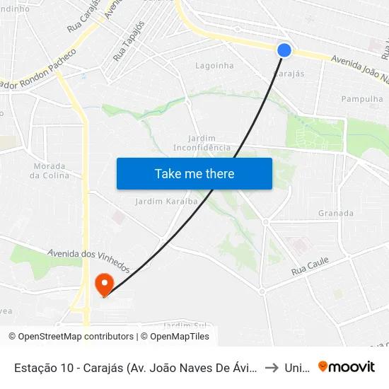 Estação 10 - Carajás (Av. João Naves De Ávila) to Unitri map