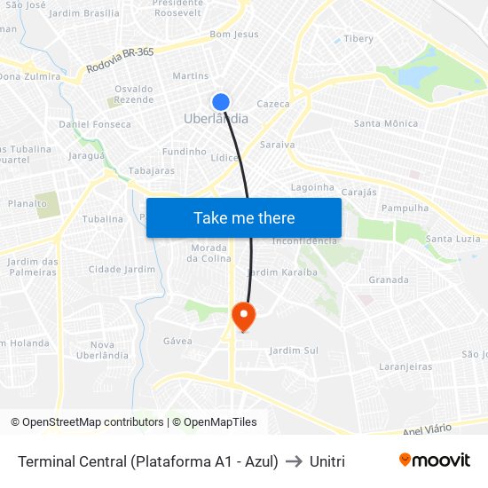 Terminal Central (Plataforma A1 - Azul) to Unitri map