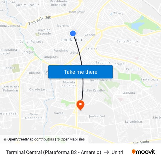 Terminal Central (Plataforma B2 - Amarelo) to Unitri map