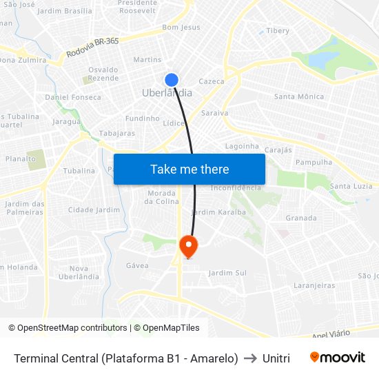 Terminal Central (Plataforma B1 - Amarelo) to Unitri map