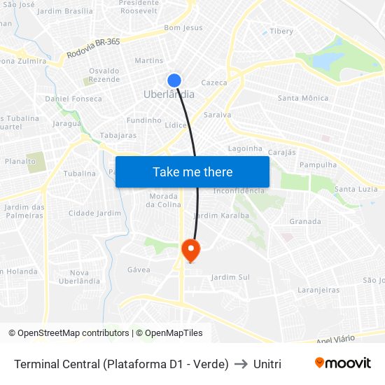 Terminal Central (Plataforma D1 - Verde) to Unitri map