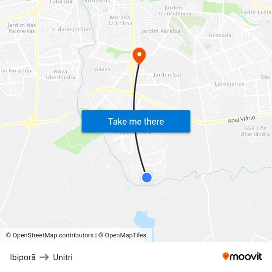 Ibiporã to Unitri map