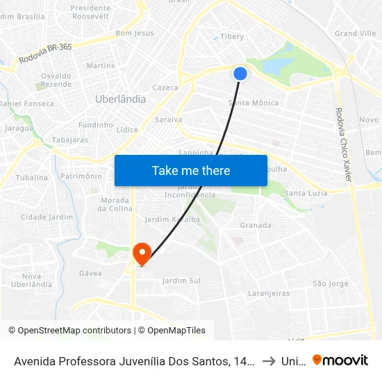 Avenida Professora Juvenília Dos Santos, 144-198 to Unitri map
