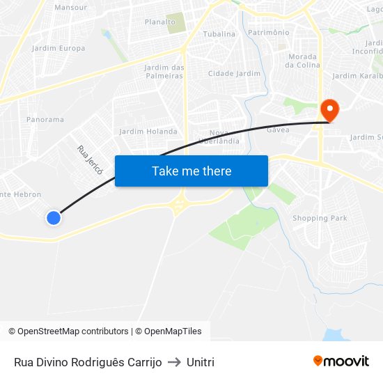 Rua Divino  Rodriguês Carrijo to Unitri map