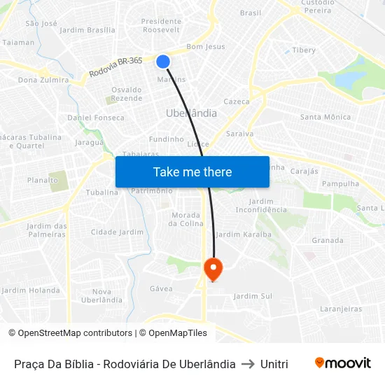 Praça Da Bíblia - Rodoviária De Uberlândia to Unitri map