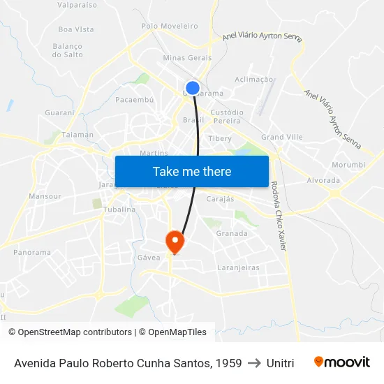 Avenida Paulo Roberto Cunha Santos, 1959 to Unitri map