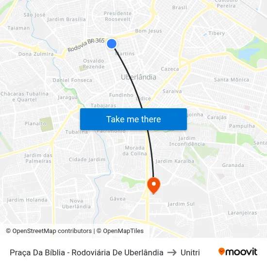 Praça Da Bíblia - Rodoviária De Uberlândia to Unitri map