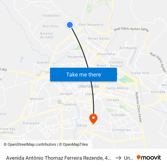 Avenida Antônio Thomaz Ferreira Rezende, 4425-4607 to Unitri map