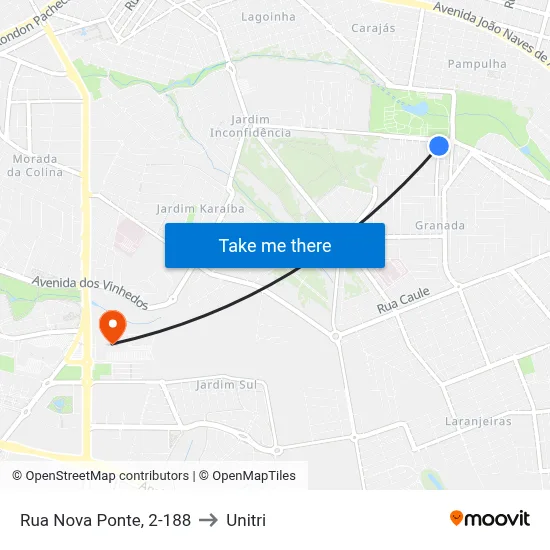 Rua Nova Ponte, 2-188 to Unitri map