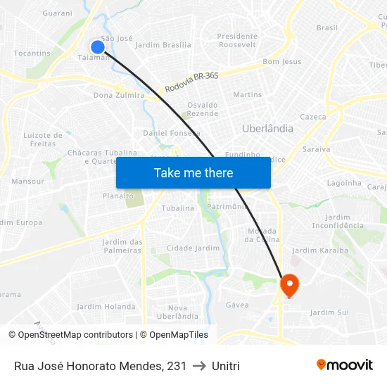 Rua José Honorato Mendes, 231 to Unitri map