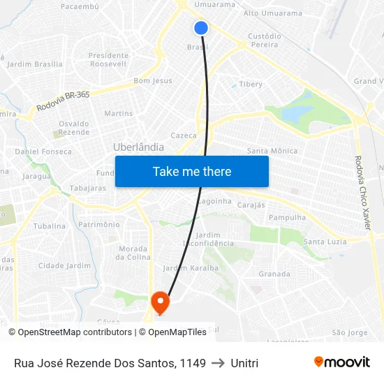 Rua José Rezende Dos Santos, 1149 to Unitri map