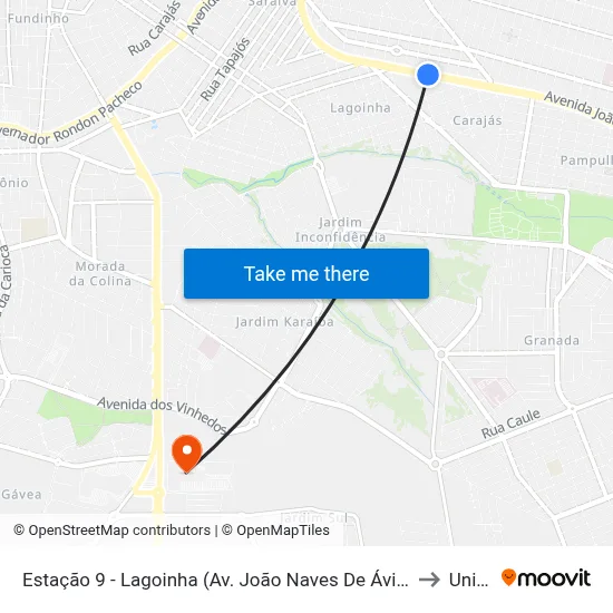 Estação 9 - Lagoinha (Av. João Naves De Ávila) to Unitri map