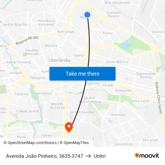 Avenida João Pinheiro, 3635-3747 to Unitri map