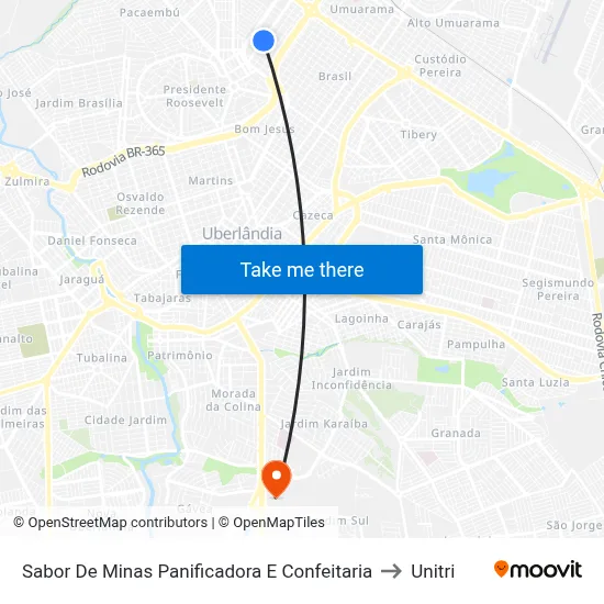 Sabor De Minas Panificadora E Confeitaria to Unitri map