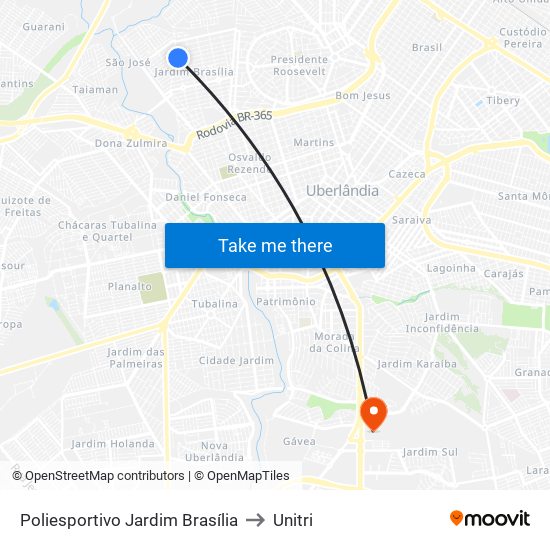 Poliesportivo Jardim Brasília to Unitri map