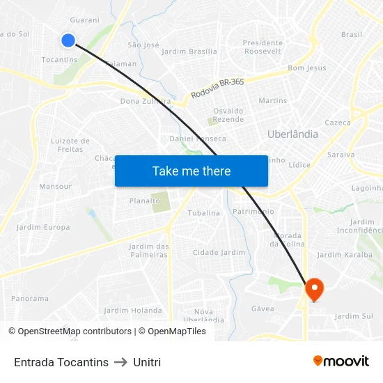 Entrada Tocantins to Unitri map
