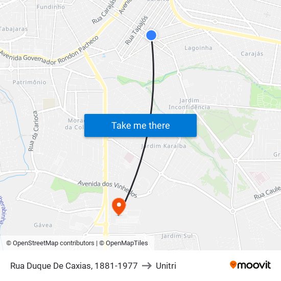 Rua Duque De Caxias, 1881-1977 to Unitri map