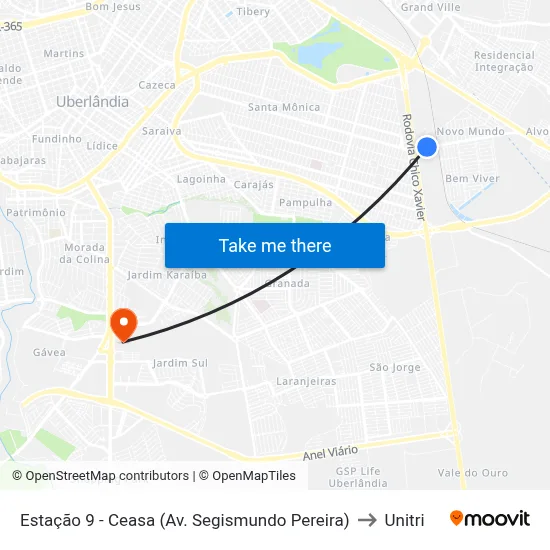 Estação 9 - Ceasa (Av. Segismundo Pereira) to Unitri map