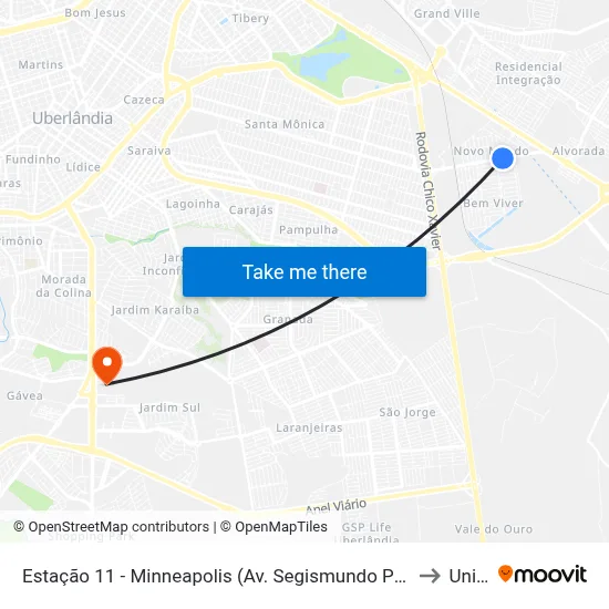 Estação 11 - Minneapolis (Av. Segismundo Pereira) to Unitri map