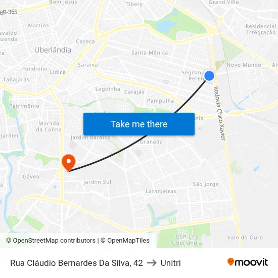 Rua Cláudio Bernardes Da Silva, 42 to Unitri map