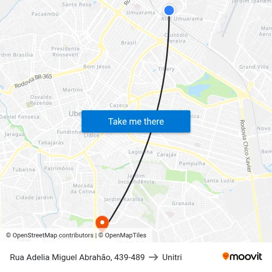 Rua Adelia Miguel Abrahão, 439-489 to Unitri map
