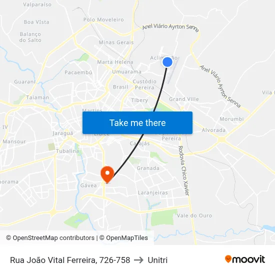 Rua João Vital Ferreira, 726-758 to Unitri map