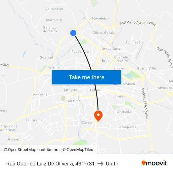 Rua Odorico Luiz De Oliveira, 431-731 to Unitri map