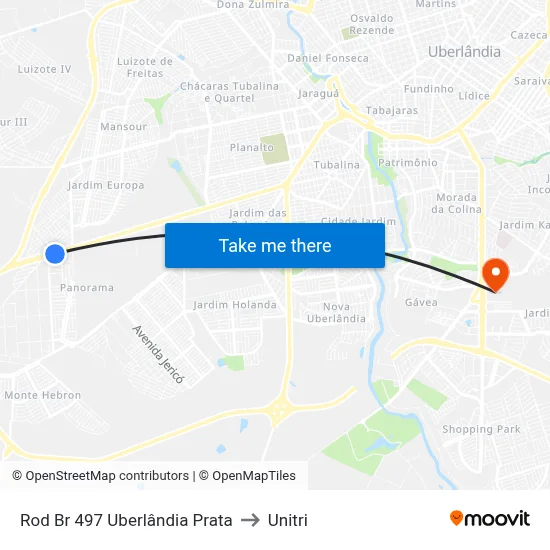 Rod Br 497 Uberlândia Prata to Unitri map