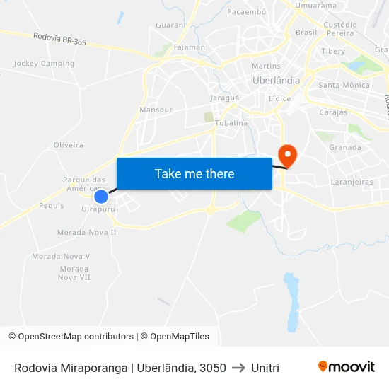 Rodovia Miraporanga | Uberlândia, 3050 to Unitri map