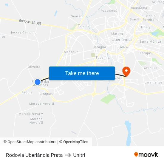 Rodovia Uberlândia Prata to Unitri map