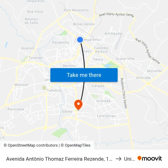 Avenida Antônio Thomaz Ferreira Rezende, 189-279 to Unitri map