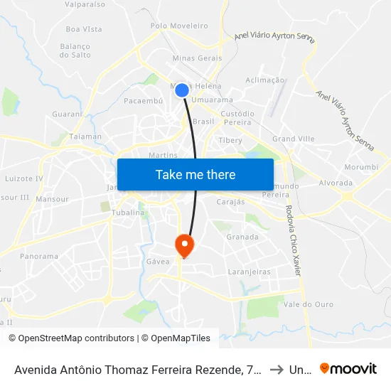 Avenida Antônio Thomaz Ferreira Rezende, 793-1199 to Unitri map