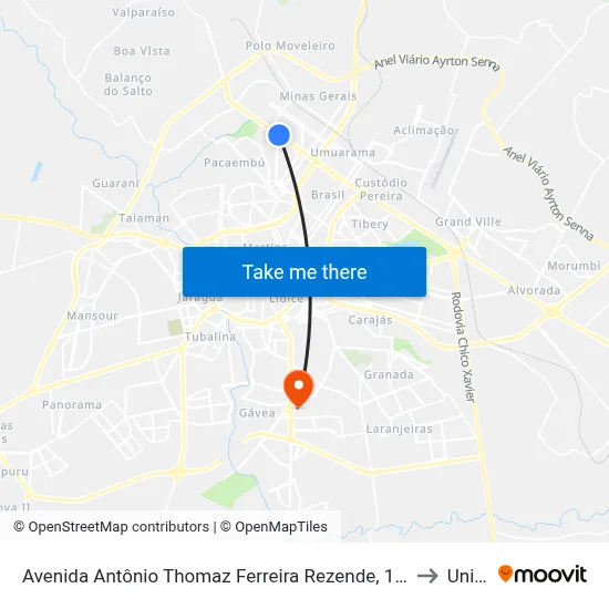 Avenida Antônio Thomaz Ferreira Rezende, 1400 to Unitri map
