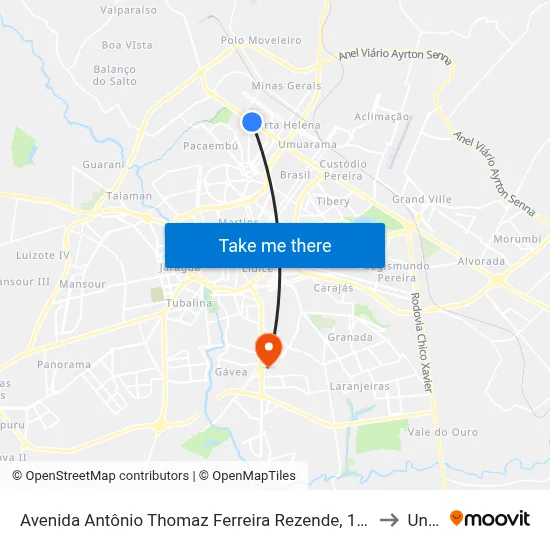 Avenida Antônio Thomaz Ferreira Rezende, 1301-1303 to Unitri map